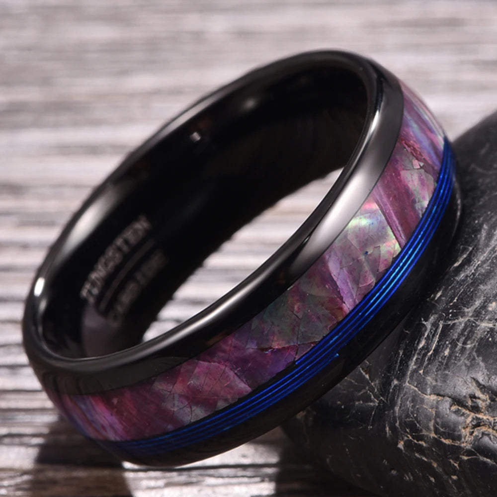 Black Tungsten ring with electric blue guitar string and abalone shell inlay, 8mm width, comfort fit.