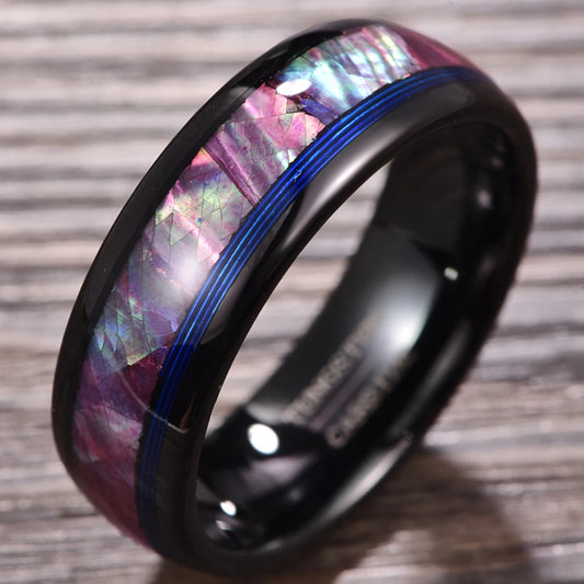 Black Tungsten wedding band with electric blue guitar string and abalone shell inlay, 8mm width, comfort fit.