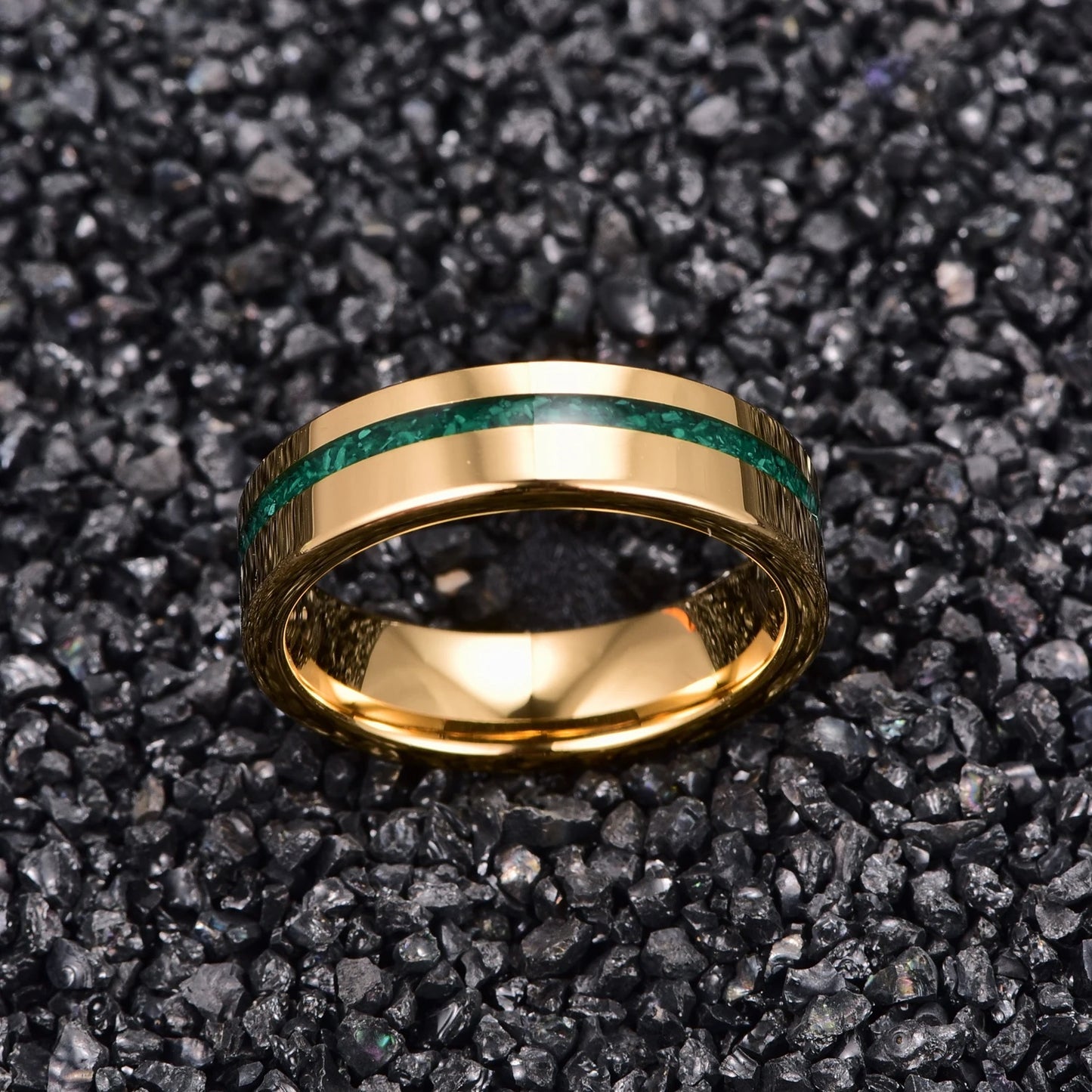 Malachite wedding band, with a crushed green gemstone inlay.