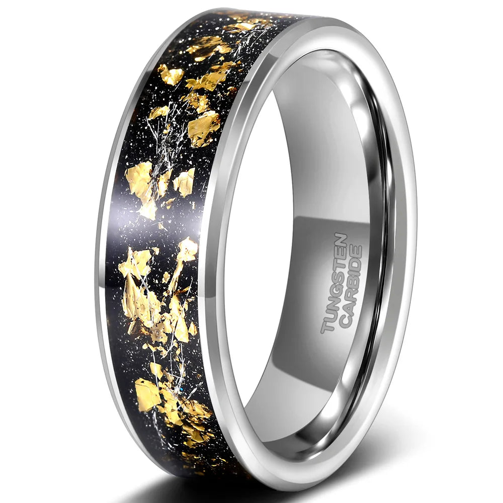 8mm men's silver Tungsten ring with beveled edges, flat band, and inlay of 24k gold leaf and black sandstone