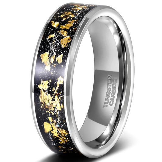 8mm men's silver Tungsten ring with beveled edges, flat band, and inlay of 24k gold leaf and black sandstone