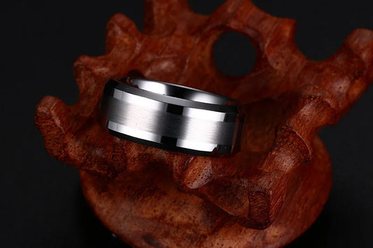 Tungsten male wedding rings, with a mix of brushed and polished finishes.