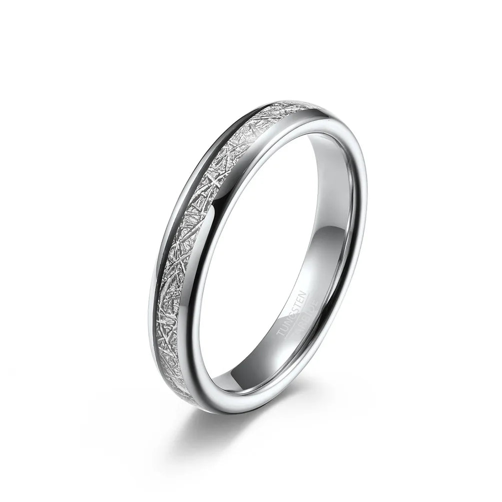Silver Tungsten meteorite bands with a domed profile, comfort fit, and inlays of authentic Gibeon meteorite.