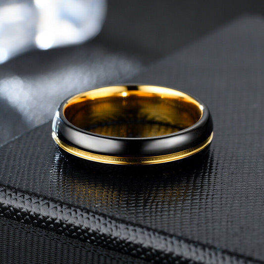 Black gold ring men with a polished black Tungsten band and yellow gold interior.