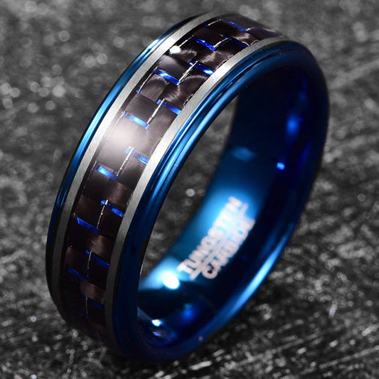 Blue wedding band mens, with carbon fiber inlay for a modern look.
