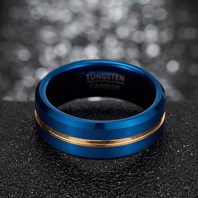 Blue wedding bands for men made from blue Tungsten with a gold Tungsten stripe.