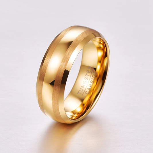 Brushed gold mens ring with yellow gold Tungsten and a polished contrast finish.