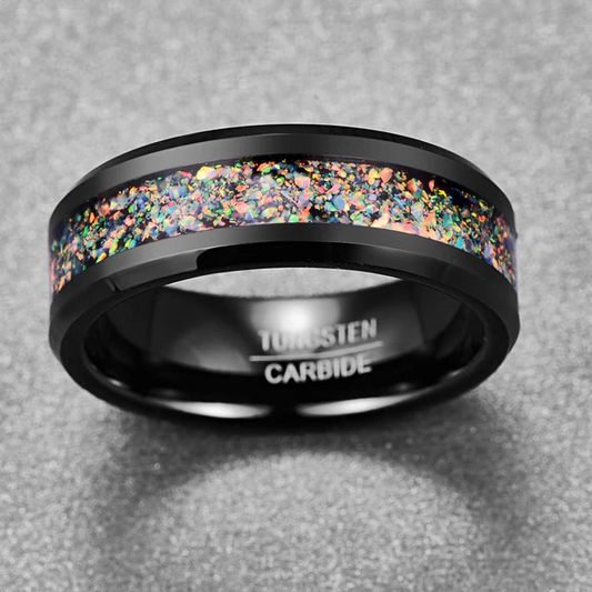 Close-up of black Tungsten wedding ring featuring crushed opal inlay