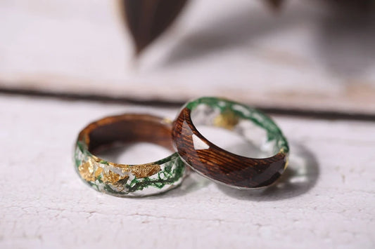 Real Moss and Gold Flake Faceted Wood Ring