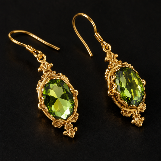Gold gemstone drop earrings with natural peridot stones, decorative scrollwork, and classic hook fittings.