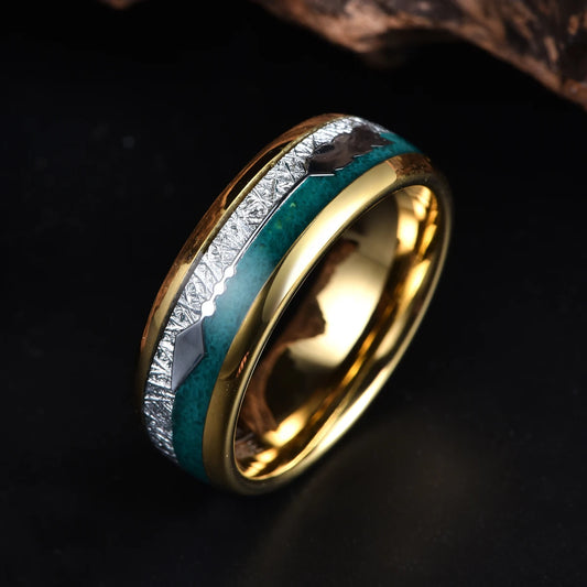 Malachite ring gold, inlaid with malachite and Gibeon meteorite.