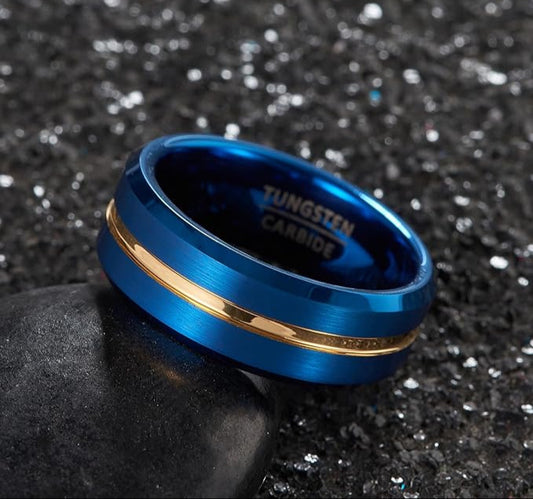 Mens blue wedding rings with a flat profile, brushed exterior, and beveled edges.
