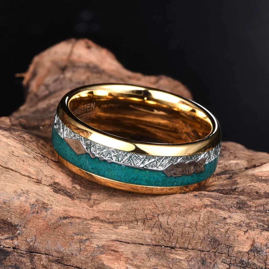Men's malachite jewelry set in gold Tungsten with a domed 8mm band.