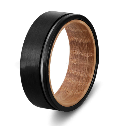 Mens wood wedding rings in black Tungsten with olive wood interior.