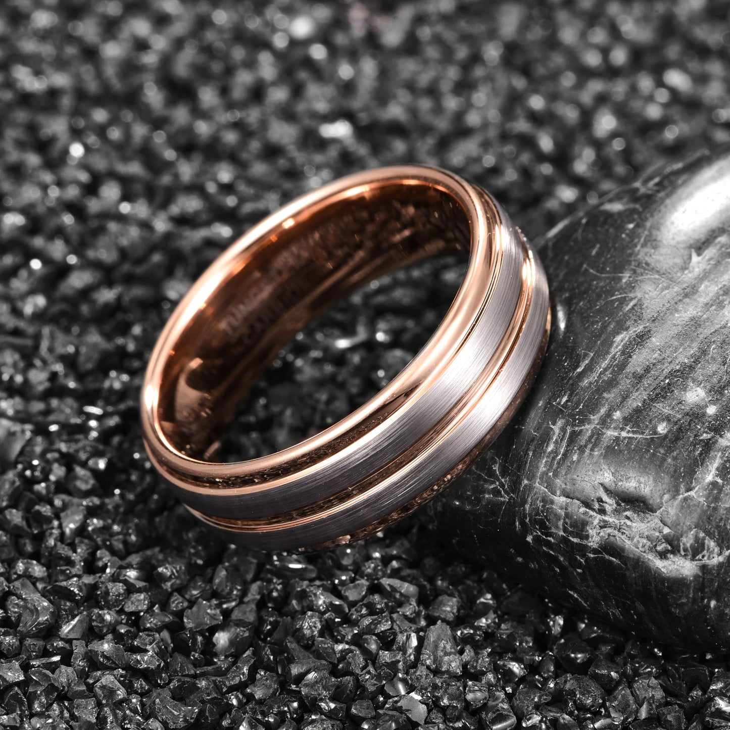Rose gold and silver mens wedding band in 8mm with a dual-tone comfort fit design.