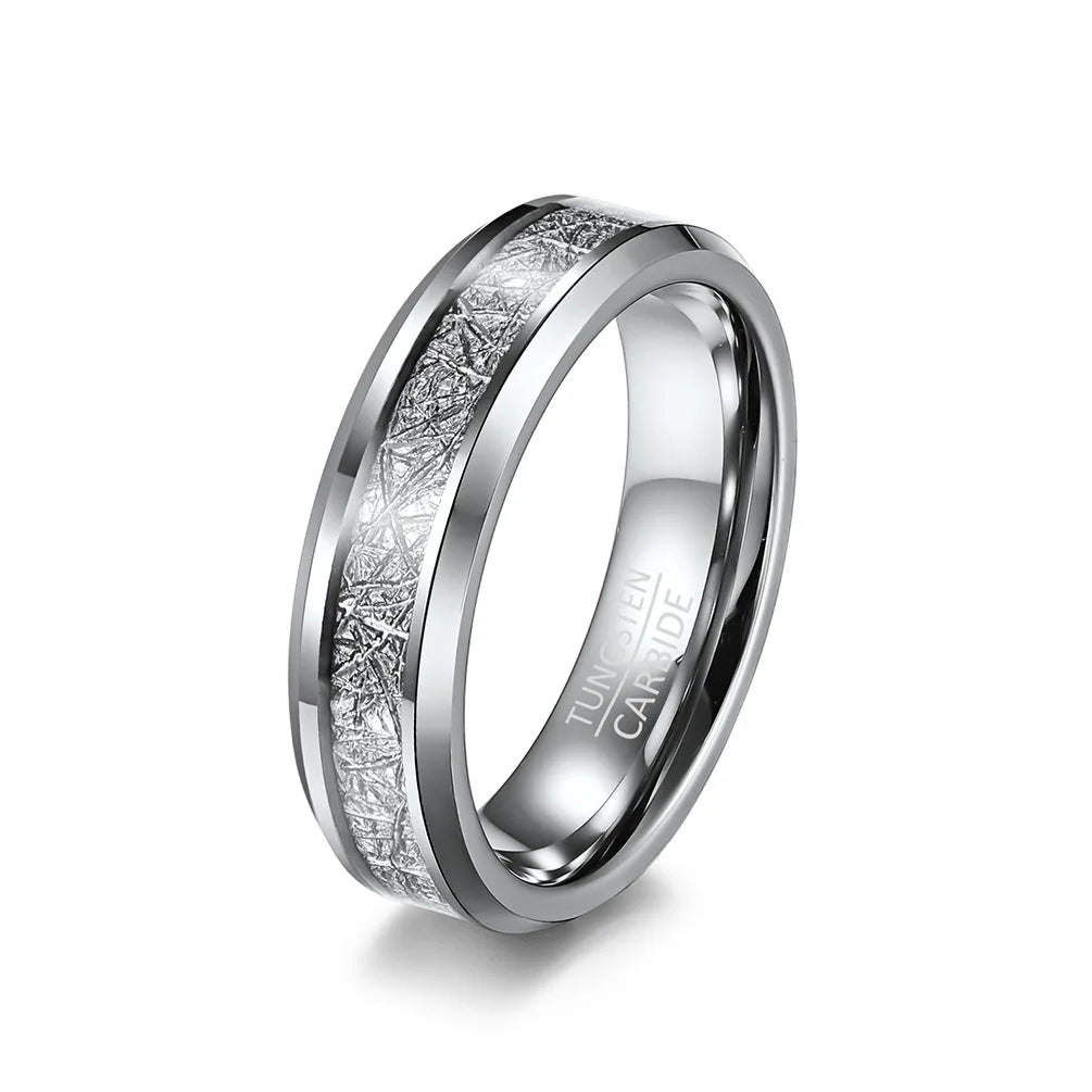 Silver Tungsten Gibeon ring with beveled edges, comfort fit, and genuine meteorite inlay.
