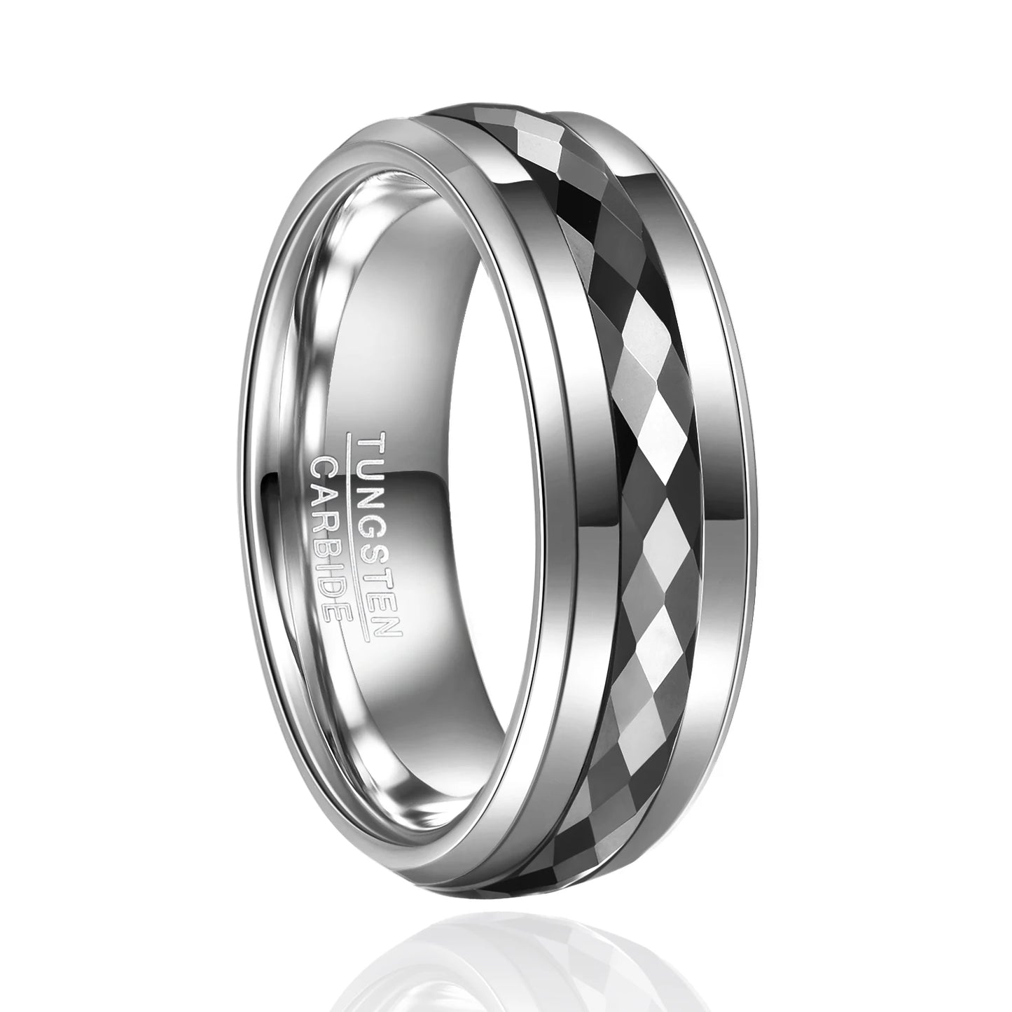Silver black spinning ring with a polished Tungsten band and comfort fit interior.