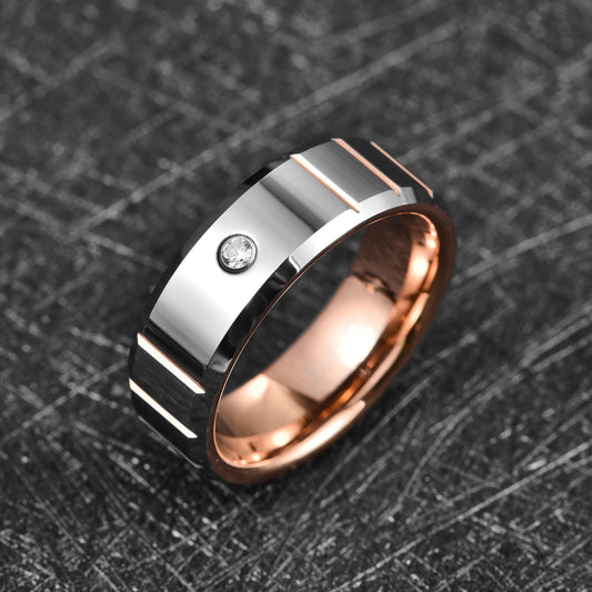 Silver rings with stones mens featuring a Tungsten band with a gypsy-set cubic zirconia.