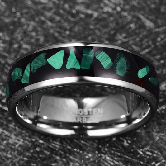 Silver ring with green stone, made with a polished Tungsten band.