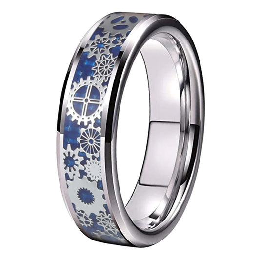 Steampunk ring featuring silver cogwheels inlaid over blue carbon fiber.