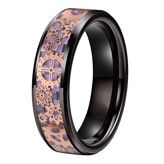 Steampunk wedding bands featuring rose gold gears inlaid over violet carbon fiber.
