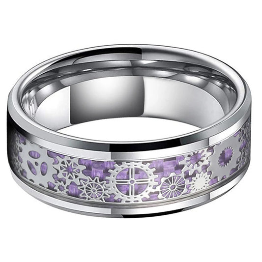 Steampunk women's accessories with silver band and violet purple cog inlay.
