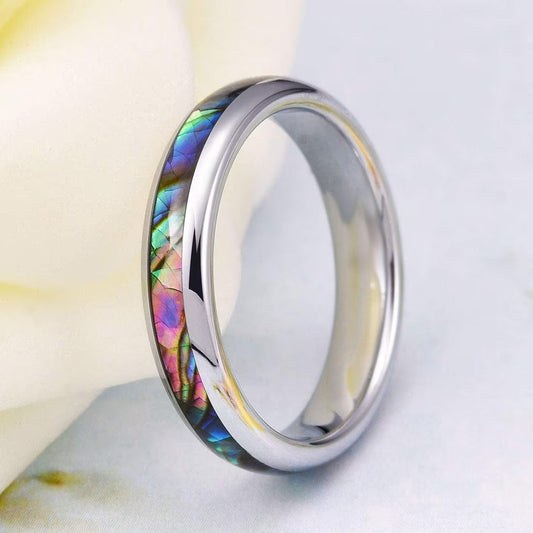 Wedding ring for her crafted from polished Tungsten with a domed design and abalone shell inlay.
