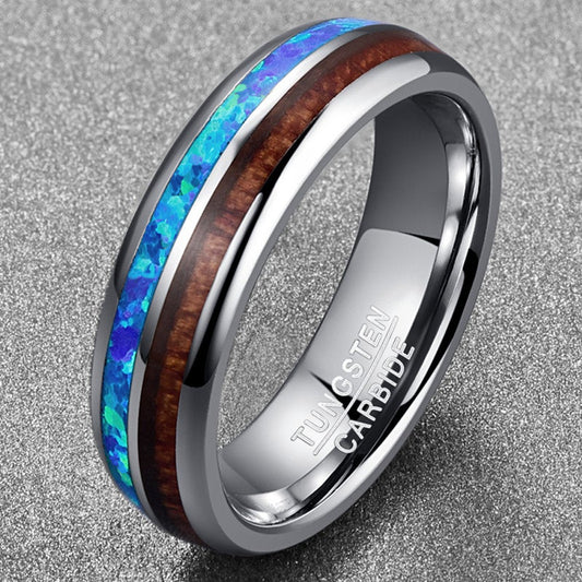 Women's opal wedding band in a 6mm polished silver Tungsten domed design.