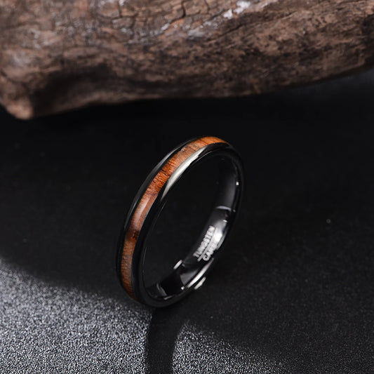 Wood engagement rings, with 4mm band and natural wood inlay.