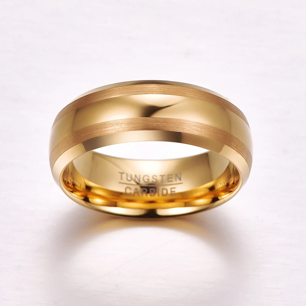 Yellow gold brushed Tungsten ring with a comfort fit design.