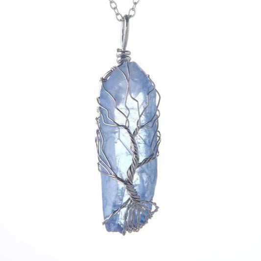 Blue Aqua Aura Quartz Tree of Life Necklace