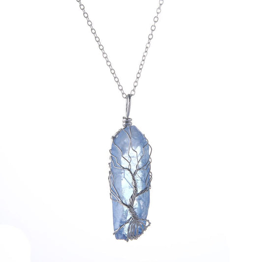 Blue Aqua Aura Quartz Tree of Life Necklace