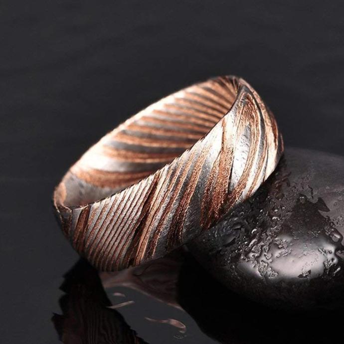 Rose Gold Damascus Steel Ring 8mm - Main Image