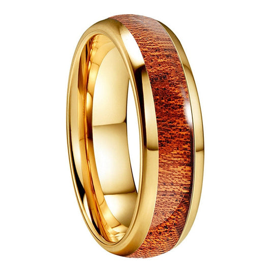 6mm Rosewood inlay gold Tungsten men's ring with a domed band, highlighting the rich wood tones magnified by a protective resin.