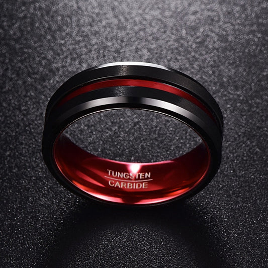 Black and red mens ring crafted from Tungsten, featuring an 8mm band with red accents.