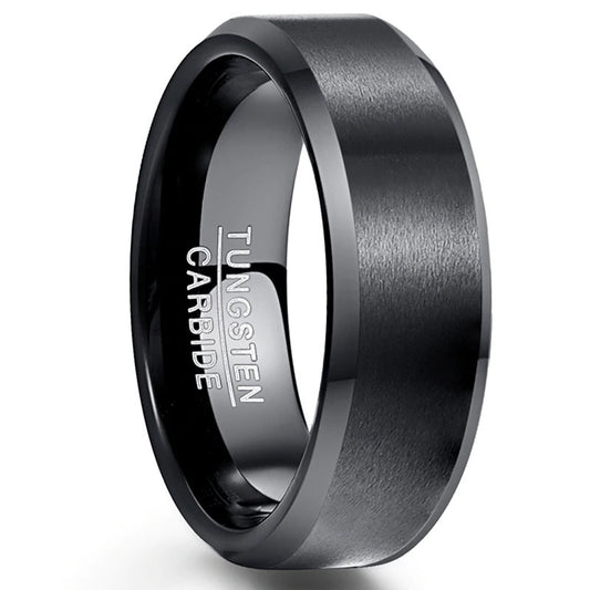 Black wedding ring for men with a brushed exterior and polished beveled edges.