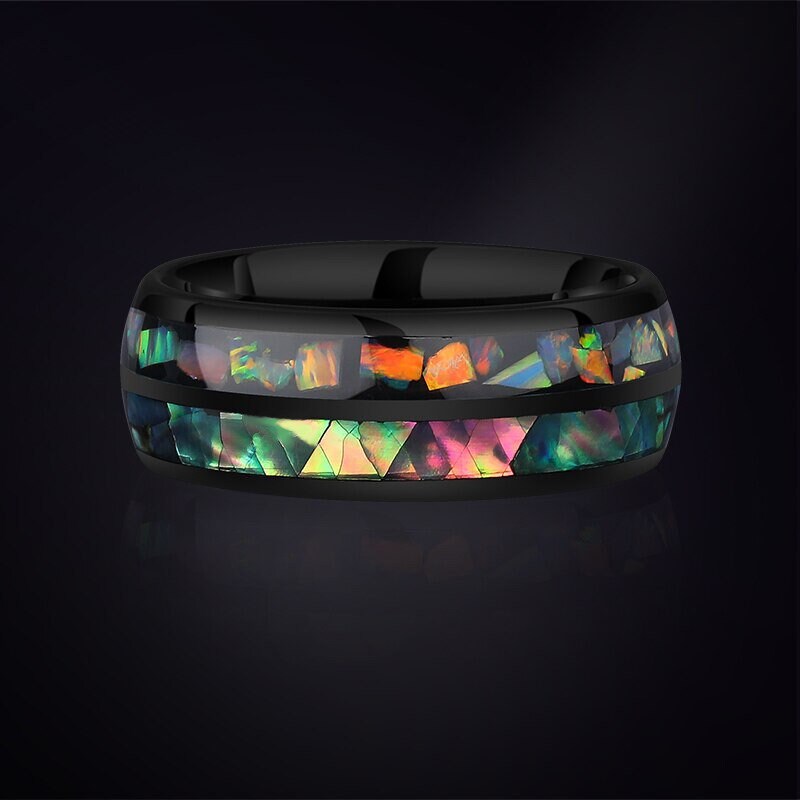 Black opal ring for men with abalone shell inlay, domed black Tungsten band, 8mm comfort fit.