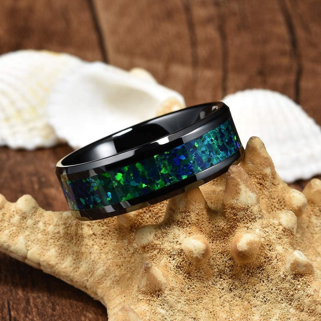 Blue green opal rings for men in black Tungsten with a vibrant opal inlay.