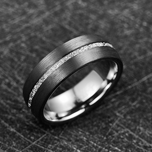 Carbon fiber ring mens band with Gibeon meteorite inlay, Tungsten interior.