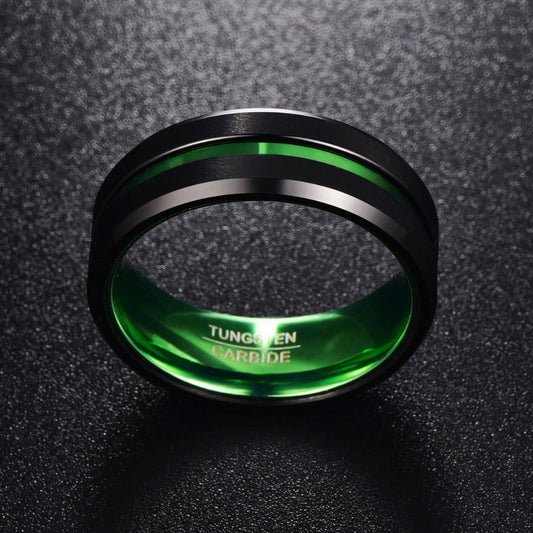 Green mens ring featuring a black Tungsten band with a green stripe and interior.