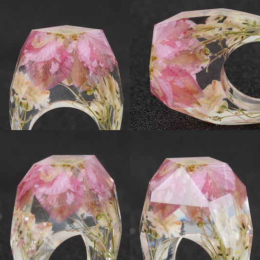 Pink Cornflower and White Baby's Breath Resin Ring