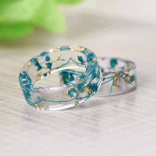 Delicate Blue Flower and Gold Flake Resin Ring