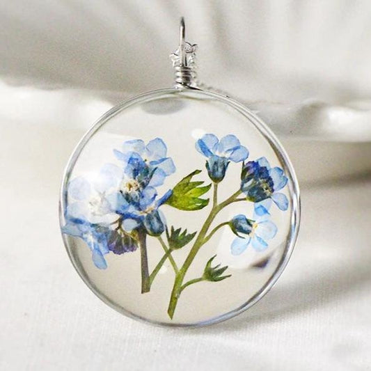 Blue Forget Me Not Glass Flower Necklace