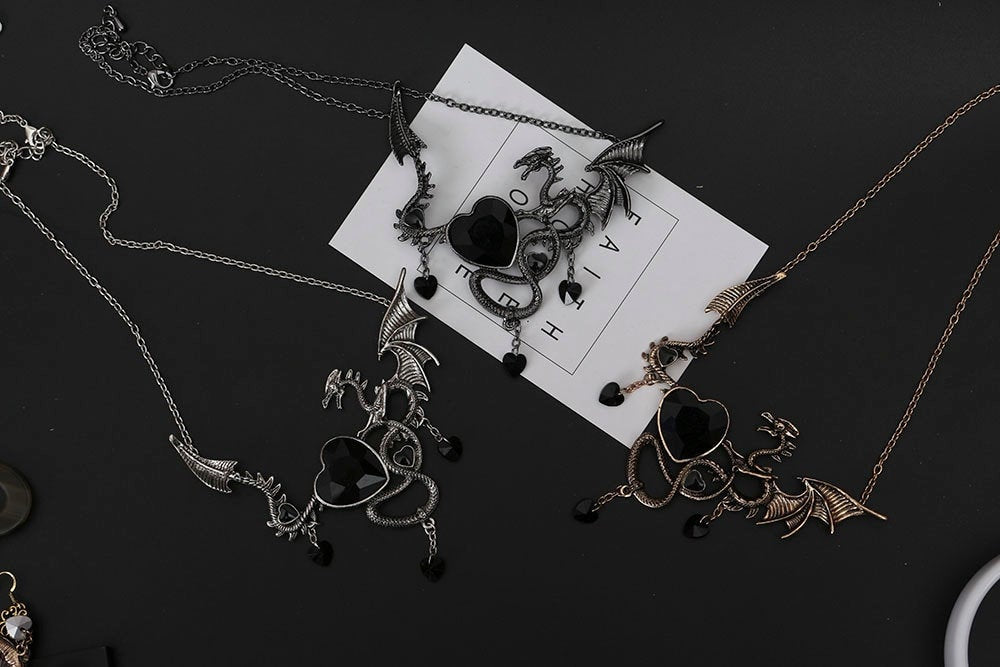 Gothic Silver Dragon Heart Crystal Necklace