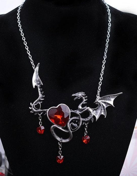 Collier gothique en cristal de cœur de dragon en argent