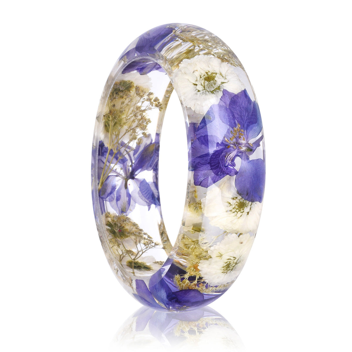 Clear Resin Bangle, Flower Resin Bracelet with Wooden, Pressed