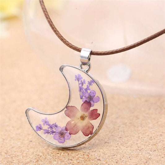 Crescent Moon Pressed Flower Necklace