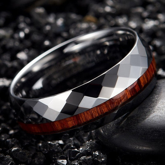 Geometric Ring with Timber Inlay in Tungsten Carbide