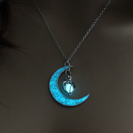 Glow In The Dark Silver Crescent Moon Necklace