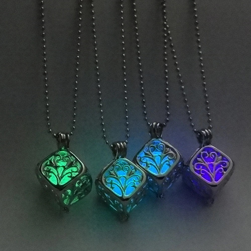 Glow In The Dark Silver Filigree Cube Necklace